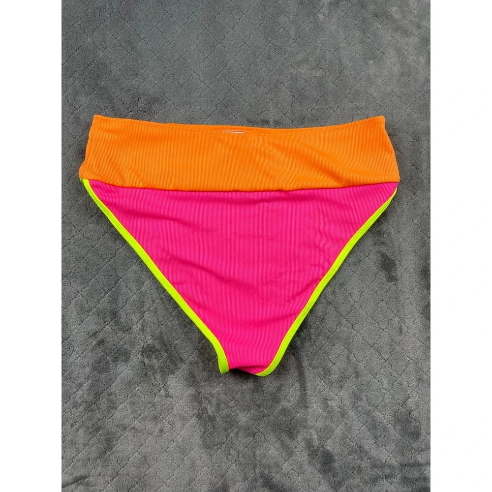 Popvil Neon Colorblock‎ Ribbed High Waisted Bikini Bottom Orange Pink XXL NEW